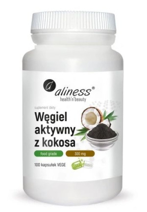 Aliness, Węgiel Aktywny z kokosa, 100 kapsułek - Długi termin ważności!