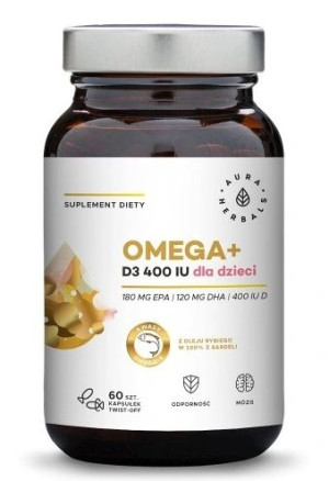 Aura Herbals, Omega+ Witamina D3 400 IU dla dzieci, 60 kapsułek - Długi ter
