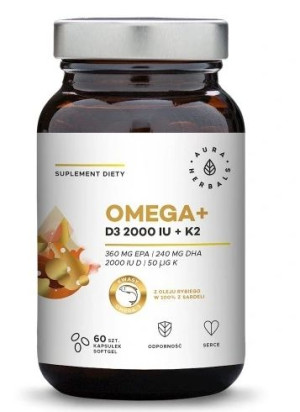 Aura Herbals, Omega+ Witamina D3 2000 IU + K2, 60 kapsułek - Długi termin w