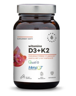 Aura Herbals, Witamina D3 2000IU + K2, 90 kapsułek - Długi termin ważności!