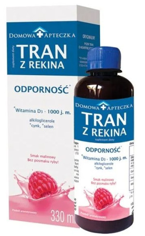 Tran z rekina smak malinowy, 330 ml - Długi termin ważności!