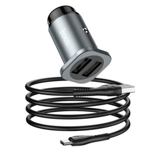 Hoco Ładowarka Samochodowa 2 X Usb + Kabel Typ C Wise Road Nz4,8a 24w Szara