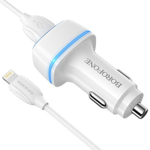 Borofone ładowarka samochodowa BZ14 Max 2xUSB 2,4A z kablem USB na Lightnin