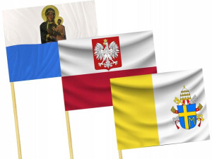 Flagi maryjna,papieska,polska 112X70+ kije