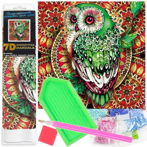 Mandala Diamentowa Mozaika 7D Sowa Na Czerwono-Żółtej Mandali 1006572