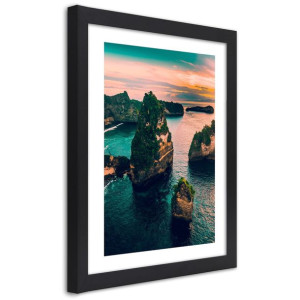 Plakat w ramie czarnej, Skały w turkusowym oceanie - 40x60