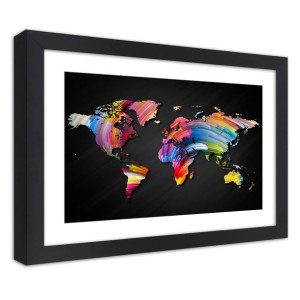 Plakat w ramie czarnej, Mapa świata w różnych kolorach - 100x70