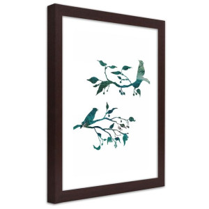 Plakat w ramie brązowej, Ptaki na gałązkach - 20x30