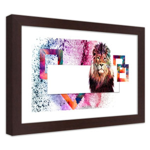 Plakat w ramie brązowej, Lew z kolorową grzywą - 45x30