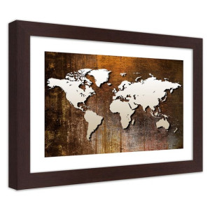 Plakat w ramie brązowej, Mapa świata na drewnie - 45x30