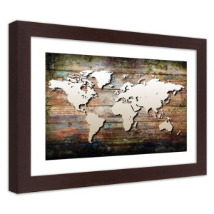 Plakat w ramie brązowej, Mapa świata na starych deskach - 90x60