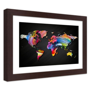 Plakat w ramie brązowej, Mapa świata w różnych kolorach - 45x30