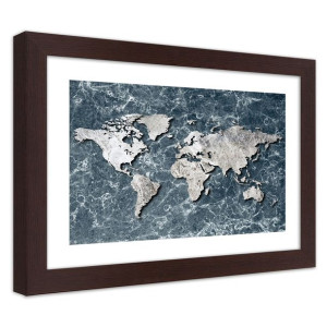 Plakat w ramie brązowej, Mapa świata na marmurze - 60x40
