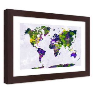 Plakat w ramie brązowej, Malowana mapa świata - 60x40