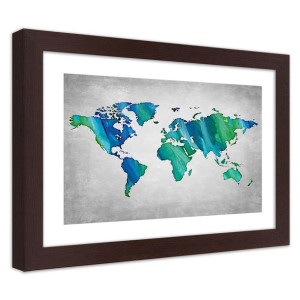 Plakat w ramie brązowej, Kolorowa mapa świata na betonie - 45x30