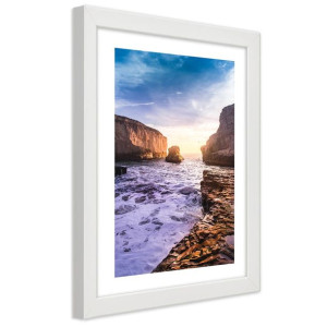 Plakat w ramie białej, Ocean i skały - 30x45