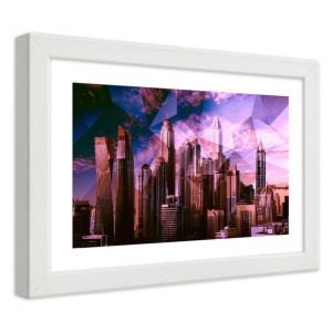 Plakat w ramie białej, Geometryczne miasto we fiolecie - 60x40