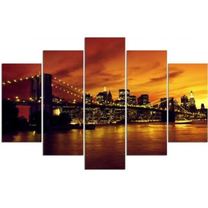 Obraz pięcioczęściowy na płótnie, Brooklyn Bridge i Manhattan o zachodzie s