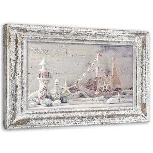 Obraz na płótnie, Pamiątki znad morza w drewnianej ramie shabby chic - 120x