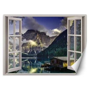 Fototapeta, Okno - widok na jezioro w górach - 140x100