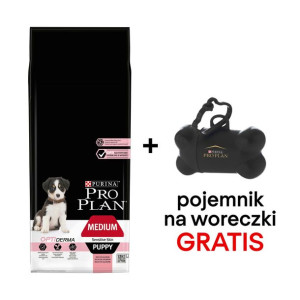 Purina Pro Plan Medium Puppy Sensitive Optiderma, łosoś i ryż 12kg + Pojemn