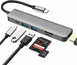 Adapter HUB USB C 3.0 Czytnik TF SD HDMI 4K PD 6W1