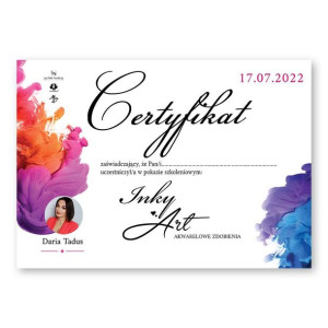 Certyfikat ze szkolenia online Inky Art akwarelowe zdobienia by Daria Tadus