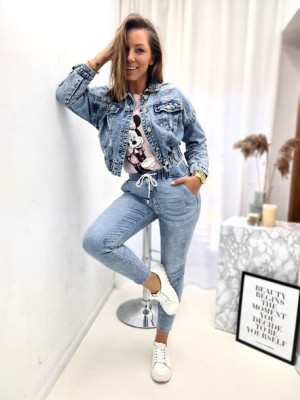 Krótka kurtka damska jeansowa oversize z dziurami [ROZMIAR: S]