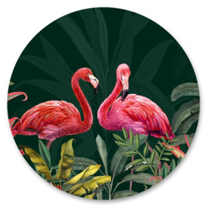 Fototapeta FLAMINGI Ptaki Liście Tropikalne Zieleń Natura Koło 100x100cm