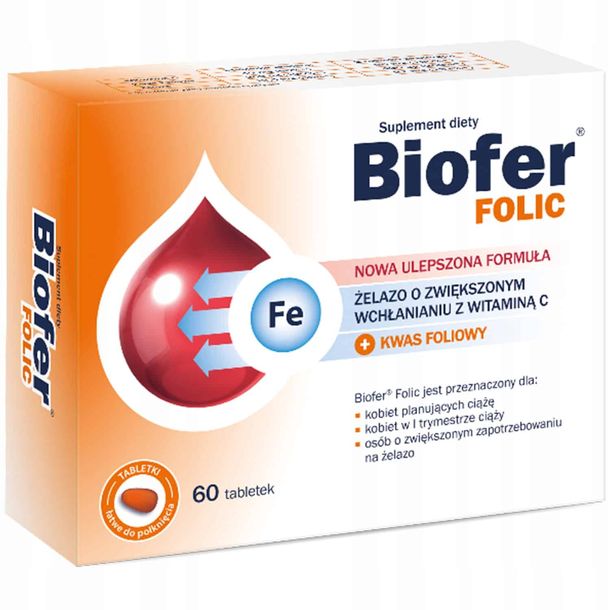 BIOFER FOLIC Suplement diety - żelazo hemowe + kwas foliowy 60 tabletek