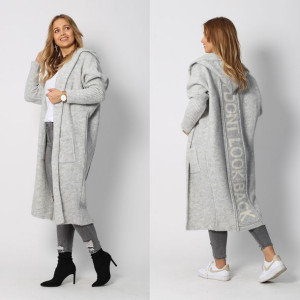 Sweter damski kardigan długi POLSKI narzutka szary napis LOOK