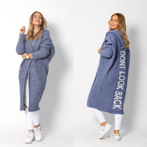 Sweter damski kardigan długi POLSKI narzutka niebieski granatowy napis LOOK