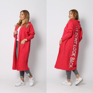 Sweter damski kardigan długi POLSKI narzutka czerwony napis LOOK