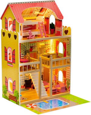 Drewniany domek dla lalek z basenem oraz oświetleniem LED RGB + 2 lalki