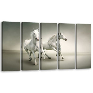 OBRAZ 5 CZĘŚCI Białe Konie Galop Zwierzęta 150x60