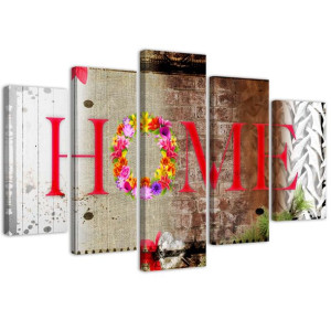 OBRAZ 5 cz DO SALONU Napis Home Kwiaty 100x70