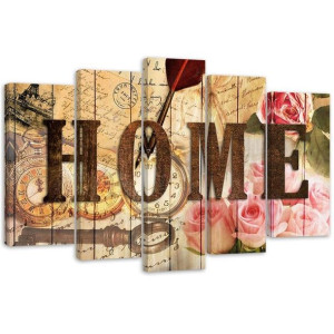 OBRAZ 5 CZĘŚCIOWY Napis Home Retro Kwiaty 200x100