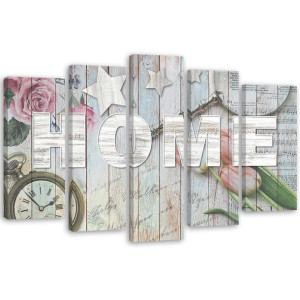 OBRAZ Napis Home Drewno Kwiaty 150x100