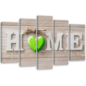 OBRAZ 5 CZĘŚCI Napis Home Serce Zielony 200x100
