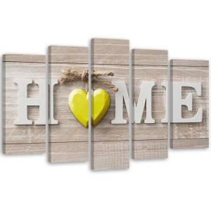 OBRAZ 5 CZĘŚCI Napis Home Serce Żółty 200x100