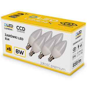 6x Żarówka LED E14 858lm 8W świeczka CIEPŁA