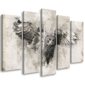 OBRAZ 5 CZĘŚCI Sowa Ptaki Szary Vintage 200x100