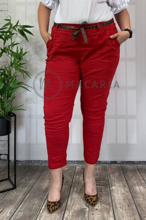 Spodnie Gnieciuchy Z Paskiem Panterka Plus Size Czerwone