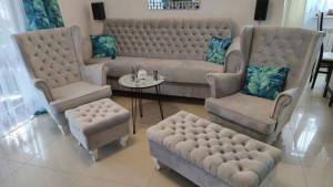 Piękny KOMPLET SKANDY SOFA + 2 FOTELE+2 podnóżki