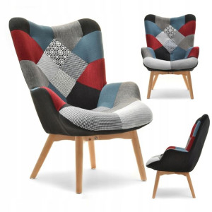 Wielokolorowy Fotel Uszak Nuria Patchwork 1 Buk