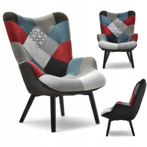 Designerski Fotel Uszak Nuria Patchwork 1 Czarna Podstawa