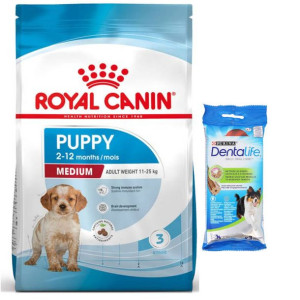 ROYAL CANIN Medium Puppy 15kg + Purina Dentalife Medium 69g GRATIS!