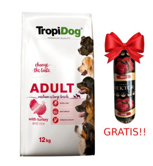 TROPIDOG Premium adult mediu & large breed indyk z ryżem 12kg + Baton mięsn