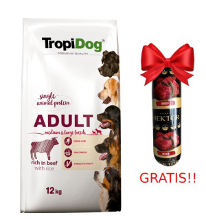 TROPIDOG Premium Adult medium & large breed wołowina z ryżem 12kg + Baton m