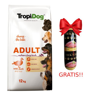 TROPIDOG Premium adult medium & large breed kaczka z ryżem 12kg + Baton mię